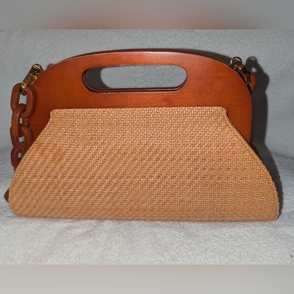 Michael Kors Collection  Tan and Brown Woven Clutch with Chain Accent - Picture 2 of 11